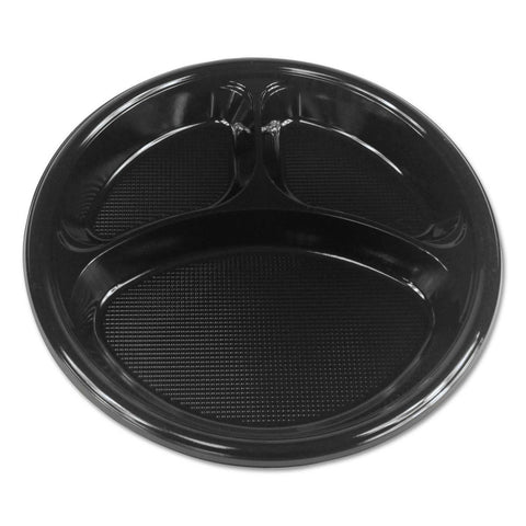 Boardwalk Hi Impact Black 3 Compartment Plastic Dinnerware Plate, 10 x 10 inch -- 500 per case