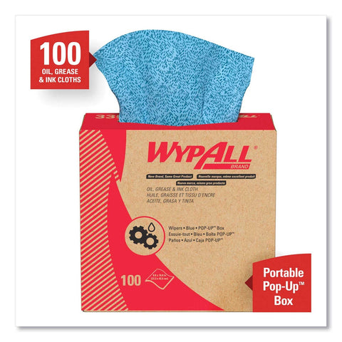 WypAll Blue Pop-Up Box Oil Grease and Ink Cloth, 8 4/5 x 16 4/5 inch - 100 per box -- 5 packs per case