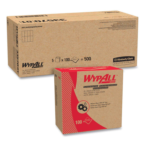 WypAll Blue Pop-Up Box Oil Grease and Ink Cloth, 8 4/5 x 16 4/5 inch - 100 per box -- 5 packs per case