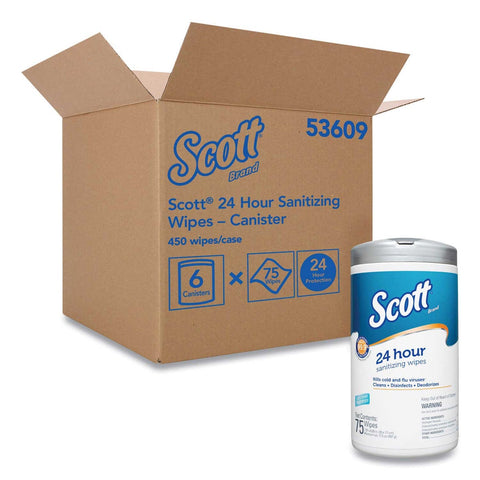 Scott White 24-Hour Sanitizing Wipes, 4.5 x 8.25 inch - 75 per canister -- 6 canisters per case
