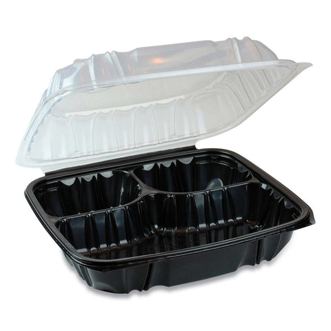 Pactiv EarthChoice Black and Clear 3 Compartment Hinged Lid Takeout Container, 34 Ounce -- 132 per case