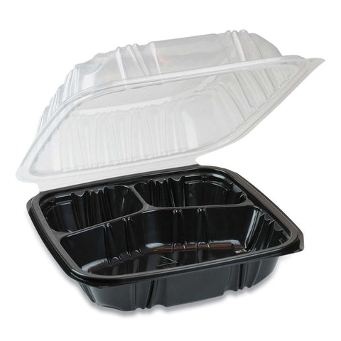 Pactiv EarthChoice Black and Clear 3 Compartment Hinged Lid Takeout Container, 21 Ounce -- 150 per case