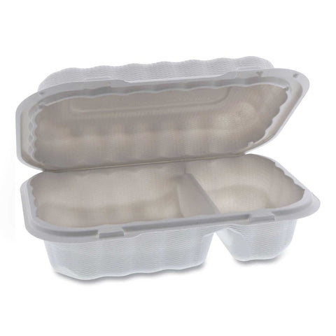 Pactiv EarthChoice SmartLock Microwavable White 2 Compartment Hinged Lid Container, 9 x 6 x 3 inch -- 270 per case