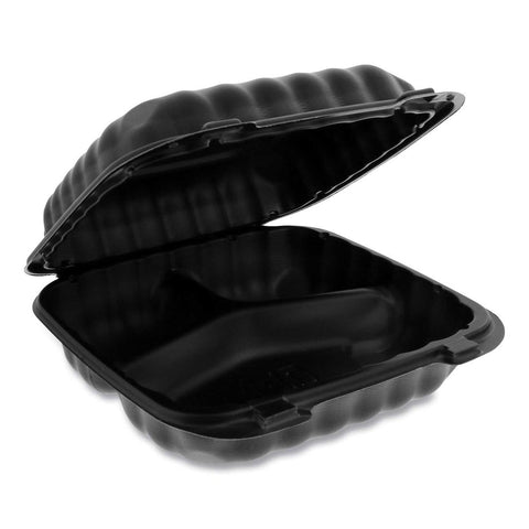 Pactiv EarthChoice SmartLock Black 3 Compartment Microwavable Hinged Lid Container, 8.3 x 8.3 x 3.4 inch -- 200 per case