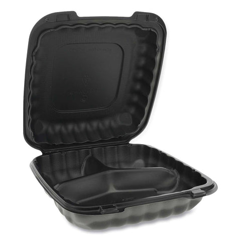 Pactiv EarthChoice SmartLock Black 3 Compartment Microwavable Hinged Lid Container, 9.33 x 8.88 x 3.1 inch -- 120 per case