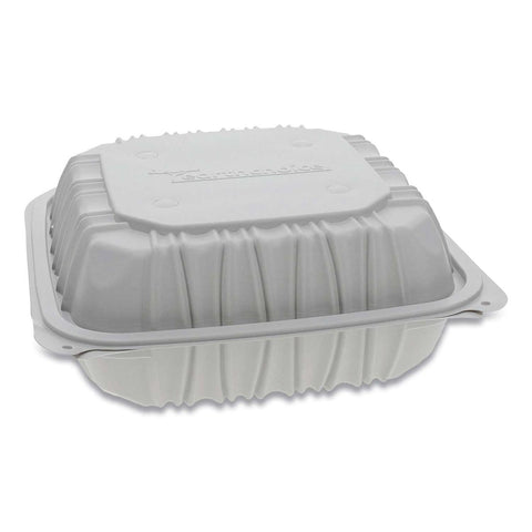 Pactiv White Vented Microwavable 3 Compartment Hinged Lid Takeout Container, 8.5 x 8.5 x 3.1 inch -- 146 per case