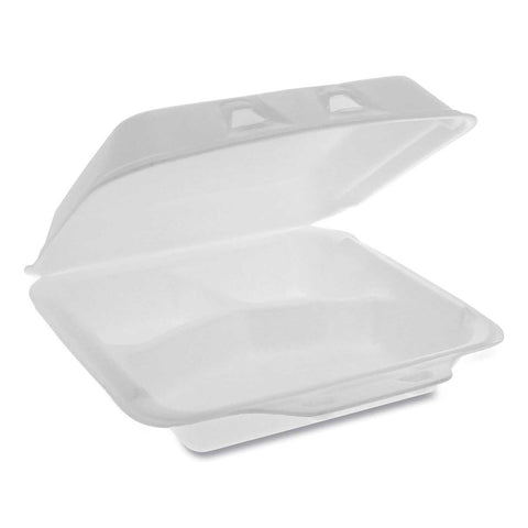Pactiv SmartLock White Small 3 Compartment Foam Hinged Container, 7.5 x 8 x 2.63 inch -- 150 per case