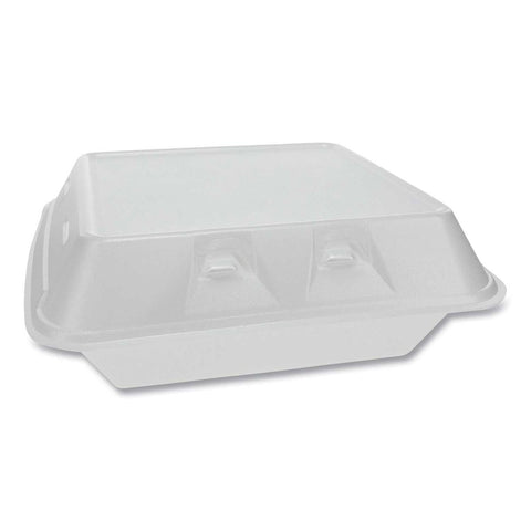 Pactiv SmartLock White Vented 3 Compartment Foam Hinged Lid Container, 9 x 9.25 x 3.25 inch -- 150 per case