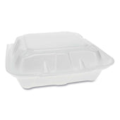 Pactiv White Dual Tab Lock Economy 3 Compartment Foam Hinged Lid Container, 8.42 x 8.15 x 3 inch -- 150 per case