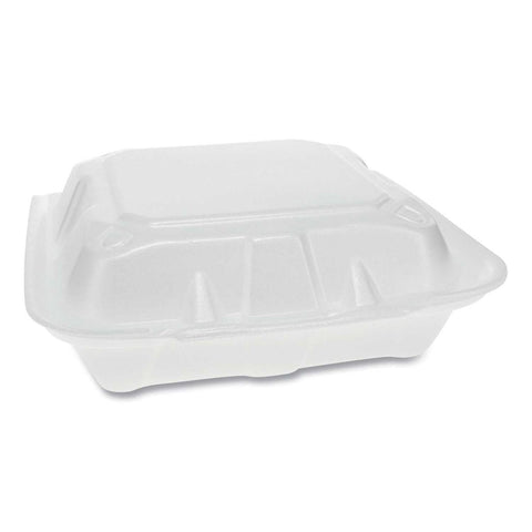 Pactiv White Dual Tab Lock Economy 3 Compartment Foam Hinged Lid Container, 8.42 x 8.15 x 3 inch -- 150 per case