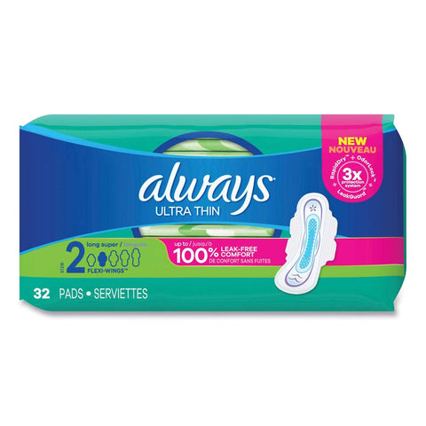 Always Super Absorbent Size 2 Long Ultra Thin Pad with Wing - 32 per pack -- 3 packs per case