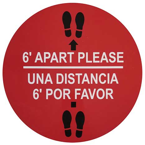 Tablecraft Red Round Self Adhesive Vinyl Six Feet Apart Please Floor Sign, 11.75 inch -- 6 per case.
