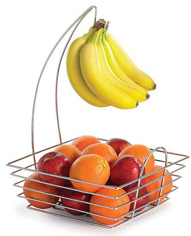 Tablecraft Meranda Chrome Plated Wire Square Fruit Basket with Banana Hook, 12 x 12 x 18 inch