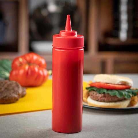 Tablecraft Red with Cone Tip and Natural Top Ketchup Squeeze Bottle, 12 Ounce Capacity -- 72 per case