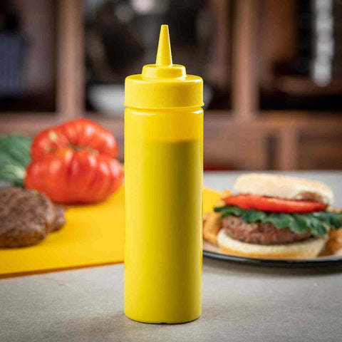 Tablecraft Yellow with Cone Tip and Natural Top Mustard Squeeze Bottle, 12 Ounce Capacity -- 72 per case