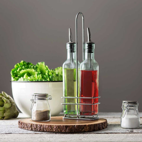 Tablecraft Prima Oil and Vinegar Bottle with Chrome Plated Rack Set -- 6 per case