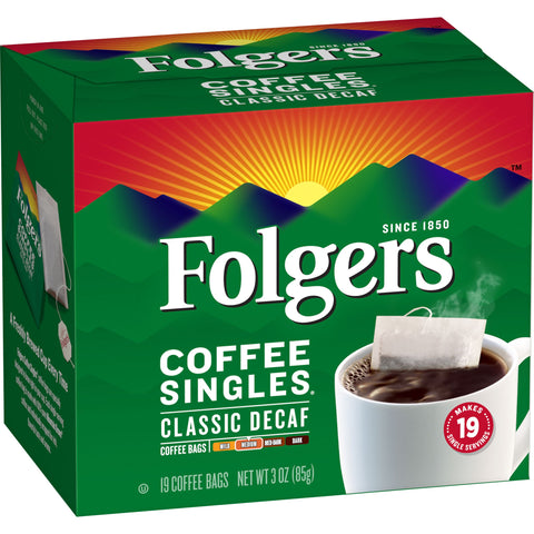 Folgers Decaffeinated Coffee Singles - 19 coffee bags per box, 12 boxes per case