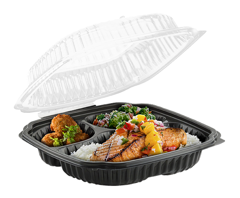 Container Plastic Hinged Black Base Clear Lid 3-compartment Cl91031 10.5x9.5