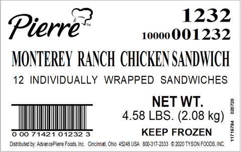 Pierre Jumbo Monterey Ranch Chicken Sandwich, 6.1 Ounce -- 12 per case.