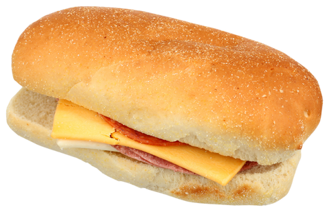 Mom's SANDWICH HAM SALAMI PEPPERONI W/ CHEESE AMERICAN & SWISS BUN CORN DUSTED