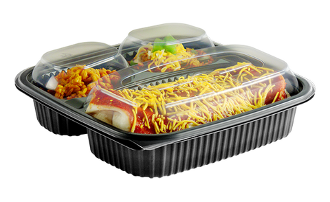 Anchor Packaging Culinary Squares Polypropylene 3 Compartment Black Base Container with Clear Lid, 21/6 Ounce Capacity -- 150 per case