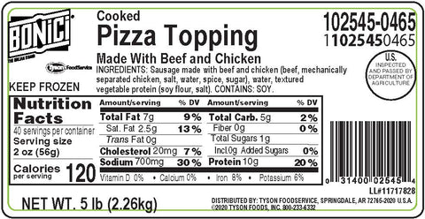 Tyson Small Chunk Beef and Chicken Pizza Topping, 5 Pound -- 8 per case.
