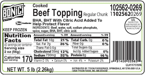Tyson Regular Chunk Beef Pizza Topping, 5 Pound -- 2 per case.