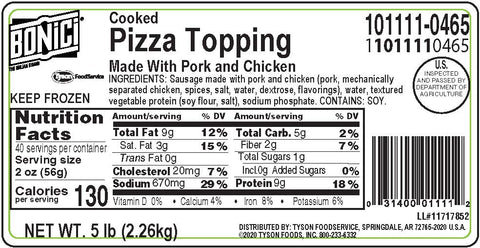 Tyson Italian Style Small Chunk Pizza Topping, 5 Pound -- 8 per case.