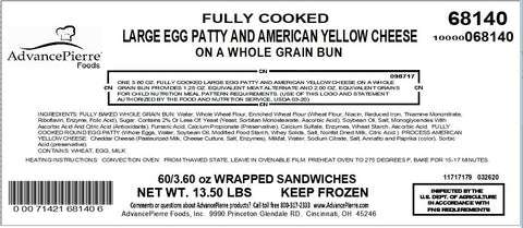 Advancepierre™ SANDWICH LARGE EGG W/ AMERICAN CHEESE ON A WHOLE GRAIN BUN CN 3.6 OZ 10000068140