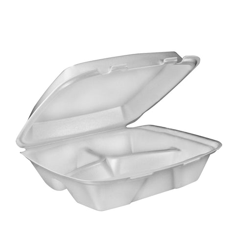 Container Foam White Hinged 3 Compartment Small 8x7.5x3