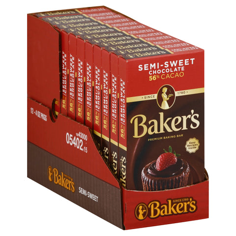 Baker's Premium Semi Sweet Chocolate Baking Bar, 4 Ounce -- 12 per case