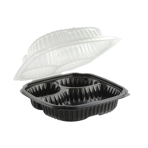 Culinary Lites™ CONTAINER PLASTIC 3-COMPARTMENT BLACK W/ CLEAR LID COMBO HINGED 9X9X3
