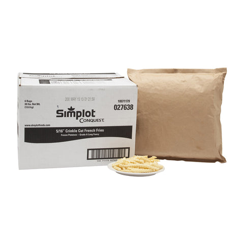 Simplot Conquest Crinkle Cut Clear Coat Potato Fries, 5 Pound -- 6 per case.