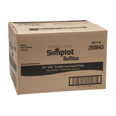 Simplot Blue Ribbon 5/16 inch Crinkle Cut Potato Fries, 5 Pound -- 6 per case.