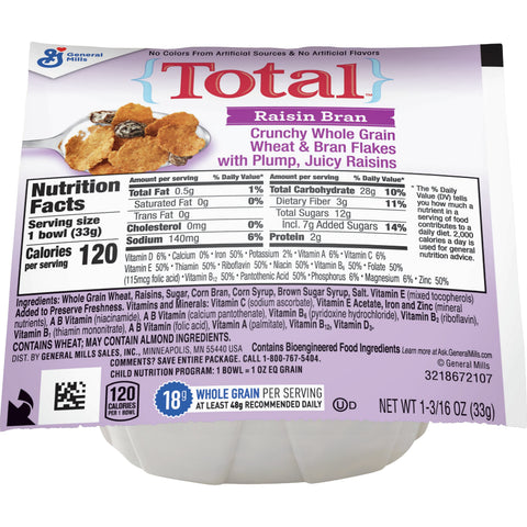 General Mills Total Raisin Bran Cereal, Bowl Pak, 1.19 Ounce -- 96 per case.