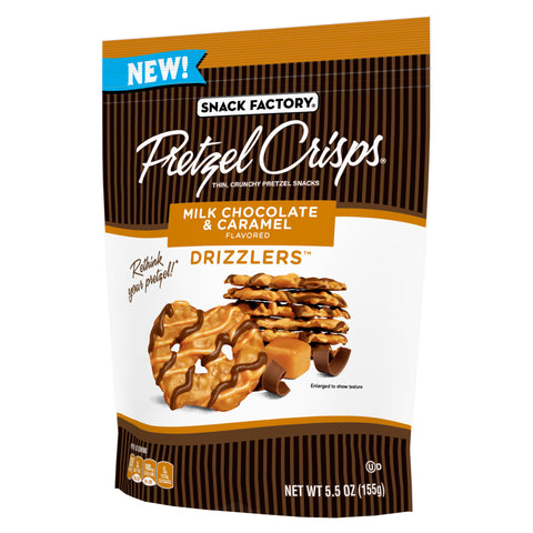 Pretzel Crisps Drizzlers Milk Chocolate Caramel Pretzel Snacks, 5.5 Ounce -- 12 per case.