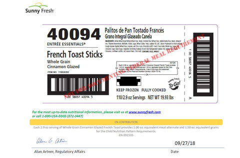 Sunny Fresh™ FRENCH TOAST STICK CINNAMON GLAZED PERFORATED WHOLE GRAIN IW