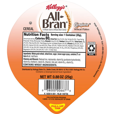 Kelloggs All Bran Complete Wheat Flakes Cereal, 0.88 Ounce Bowl -- 96 per case