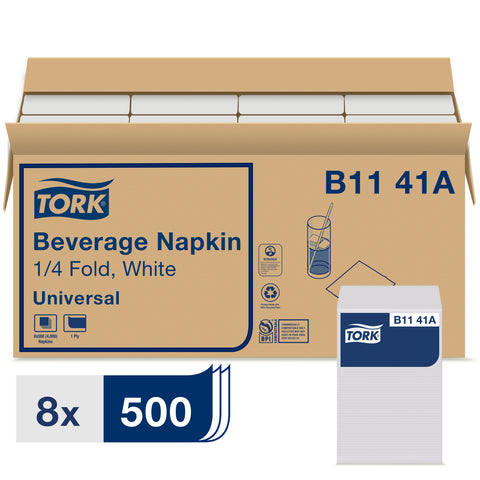 Tork 1 Ply White 1/4 Fold Universal Beverage Napkin, 9.125x9.125 inch -- 4000 per case