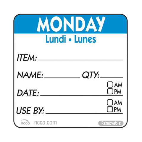 DateIt™ LABEL TRILINGUAL ITEM/DATE/USE BY REMOVABLE BLUE MONDAY 2X2