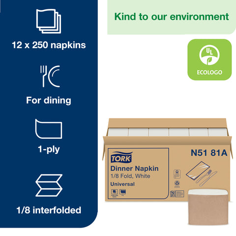 Tork 1 Ply White 1/8 Fold Universal Dinner Napkin, 15 x 17 inch -- 3000 per case