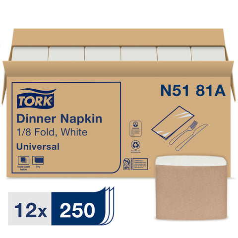 Tork 1 Ply White 1/8 Fold Universal Dinner Napkin, 15 x 17 inch -- 3000 per case