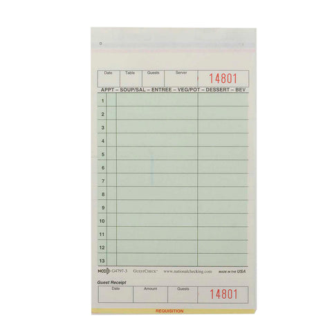 National Checking Medium-Wide Green Three-Part Carbonless Guest Check with Beverage Backer, 7.25 x 4.25 inch -- 2000 per case