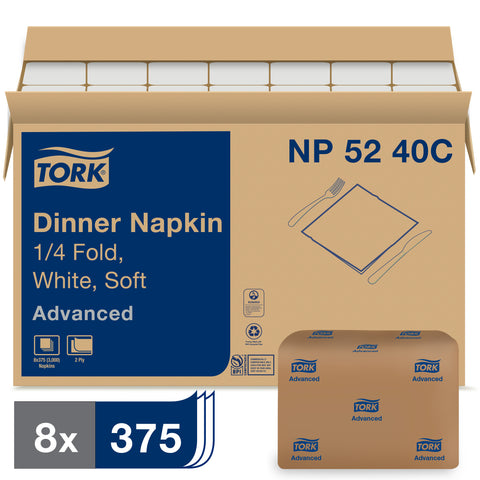 Tork 2 Ply White Advanced Dinner Napkin, 15 x 16.25 inch - 375 per pack -- 8 packs per case