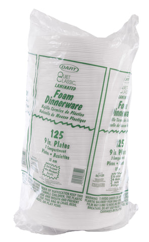 Dart Concorde Foam Plate, 3-Comp, 9 inch dia, White, 125/Pack, 4 Packs/Carton