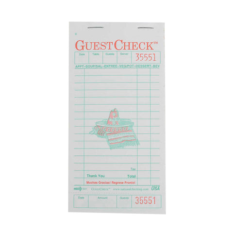 National Checking Restaurant Style Spanish 1 Part White 16 Line Guestcheck Board, 50 Checks per Book -- 2500 per case.
