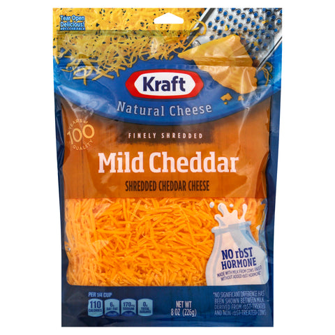Kraft Zip Pak Finely Shredded Mild Cheddar Cheese, 8 Ounce -- 12 per case.