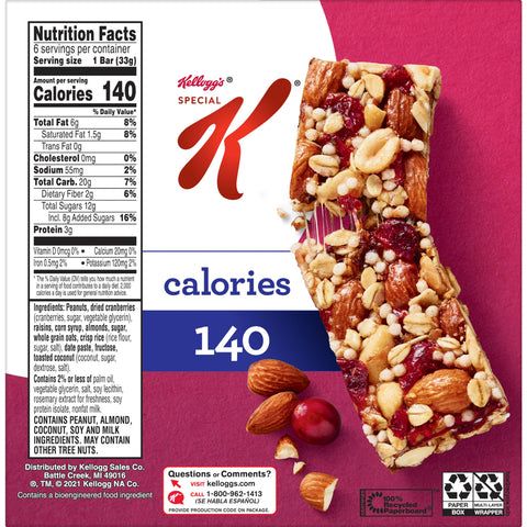 Kelloggs Special K Cranberry Almond Cereal Chewy Nut Bar, 1.16 Ounce -- 72 per case.