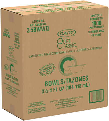 Dart Quiet Classic White Laminated Foam Bowl, 3 1/2 to 4 Ounce - 125 count per pack -- 8 packs per case