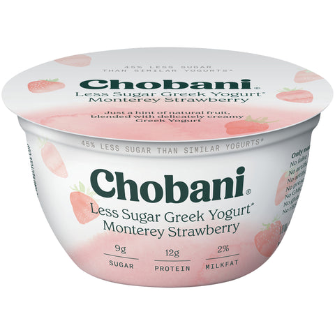 Chobani Less Sugar Monterrey Strawberry Greek Yogurt, 5.3 Ounce -- 12 per case.